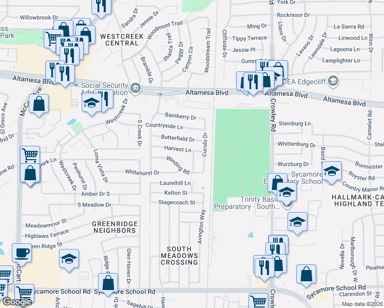 map of restaurants, bars, coffee shops, grocery stores, and more near 6800 Cuculu Drive in Fort Worth