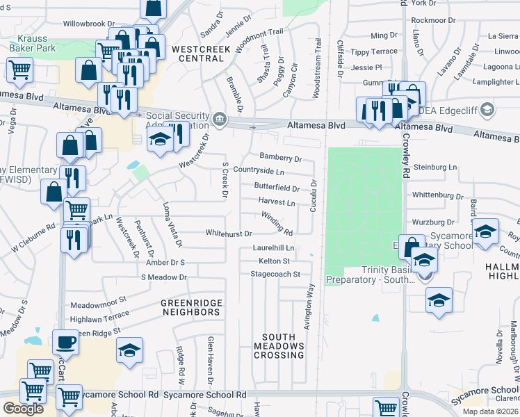 map of restaurants, bars, coffee shops, grocery stores, and more near 2616 Winding Road in Fort Worth