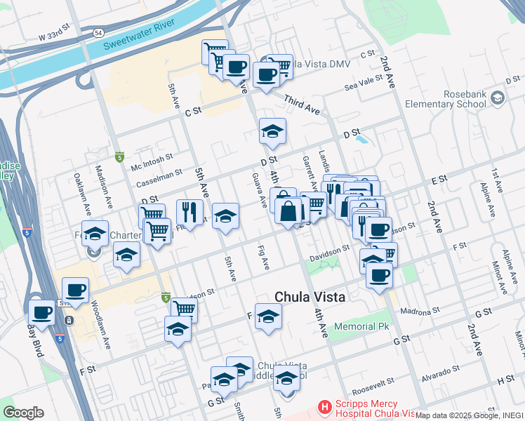 map of restaurants, bars, coffee shops, grocery stores, and more near 164 Guava Avenue in Chula Vista