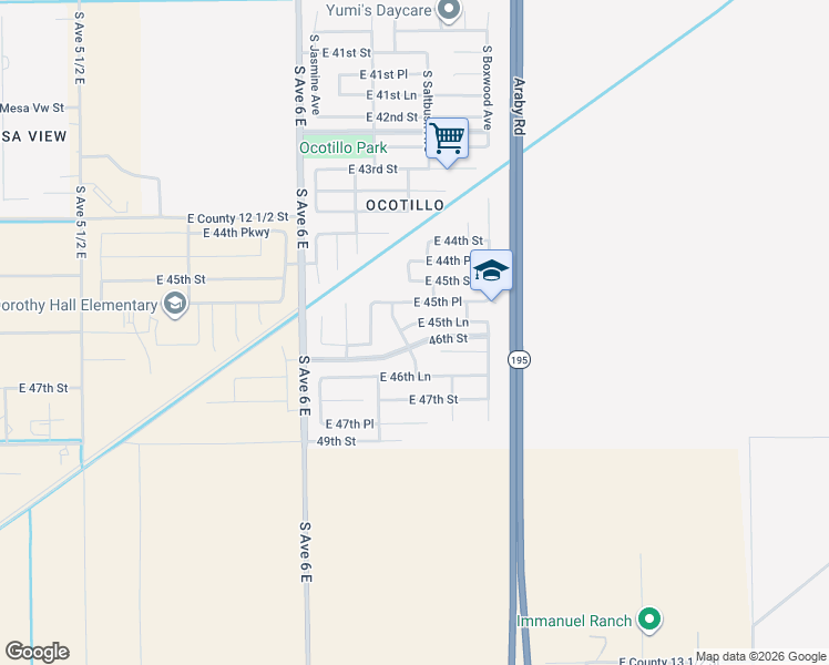 map of restaurants, bars, coffee shops, grocery stores, and more near 6289 East 45th Lane in Yuma