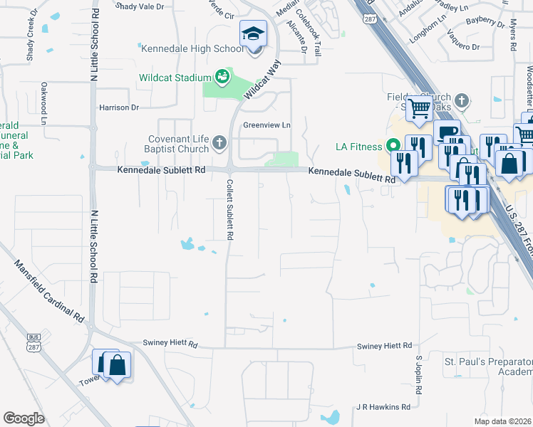 map of restaurants, bars, coffee shops, grocery stores, and more near 1221 Peggy Lane in Kennedale