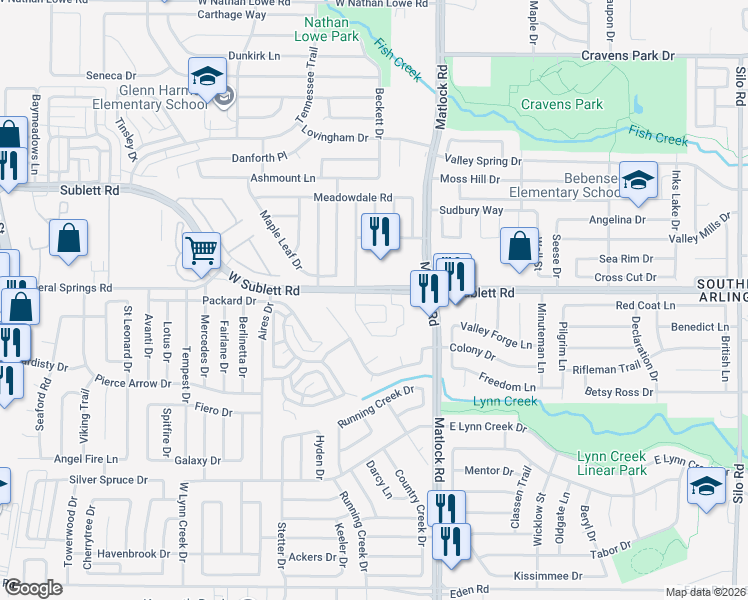map of restaurants, bars, coffee shops, grocery stores, and more near 738 West Sublett Road in Arlington