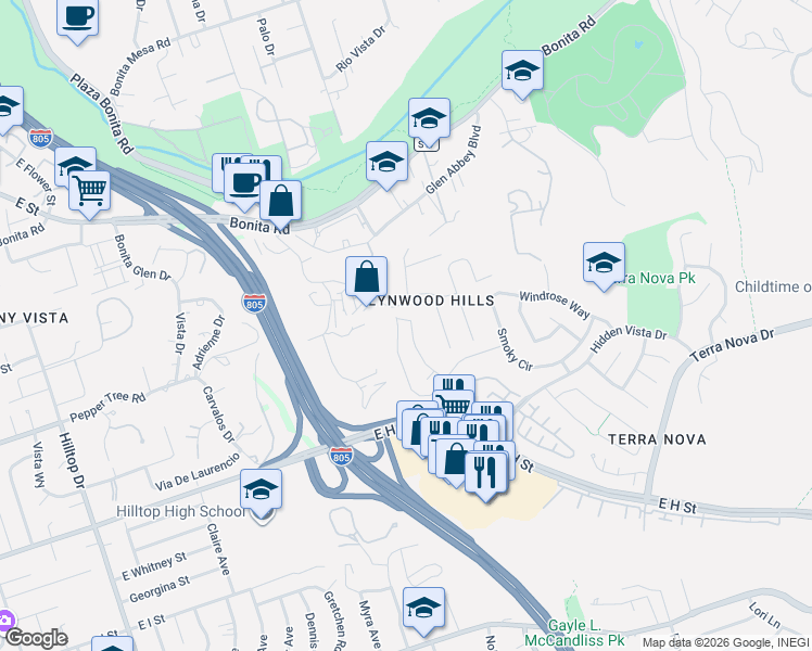 map of restaurants, bars, coffee shops, grocery stores, and more near 410 Horizon View Drive in Chula Vista