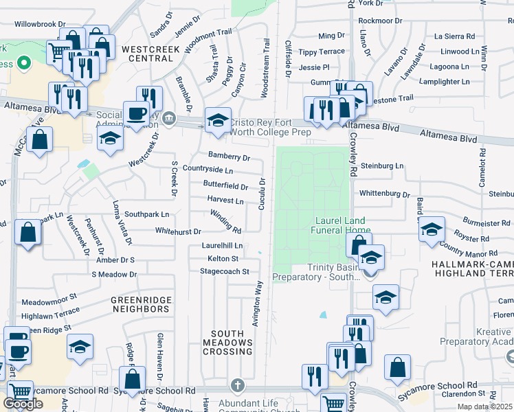 map of restaurants, bars, coffee shops, grocery stores, and more near 6800 Cuculu Drive in Fort Worth