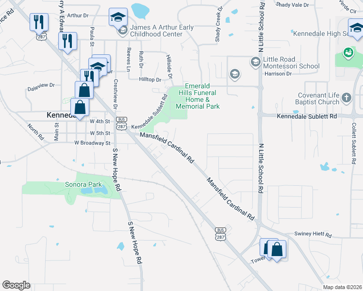 map of restaurants, bars, coffee shops, grocery stores, and more near 449 Mansfield Cardinal Road in Kennedale