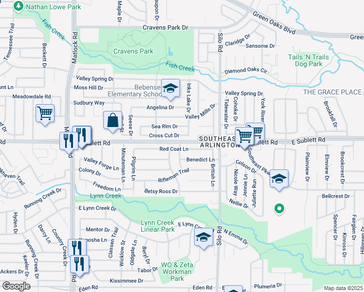 map of restaurants, bars, coffee shops, grocery stores, and more near 511 Red Coat Lane in Arlington