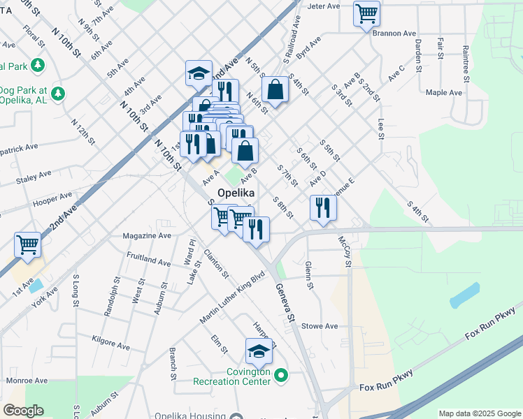 map of restaurants, bars, coffee shops, grocery stores, and more near 405 Geneva Street in Opelika