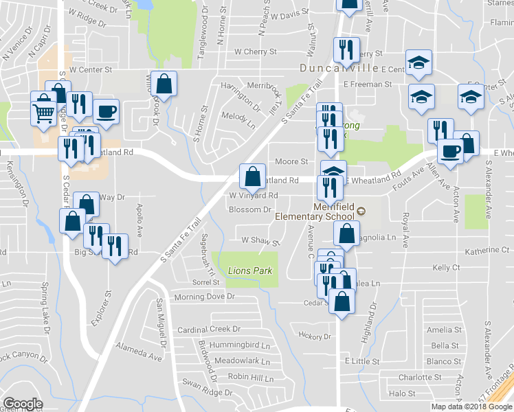 map of restaurants, bars, coffee shops, grocery stores, and more near 323 Blossom Drive in Duncanville