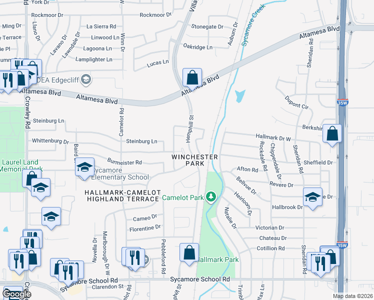 map of restaurants, bars, coffee shops, grocery stores, and more near 1100 Whittenburg Drive in Fort Worth
