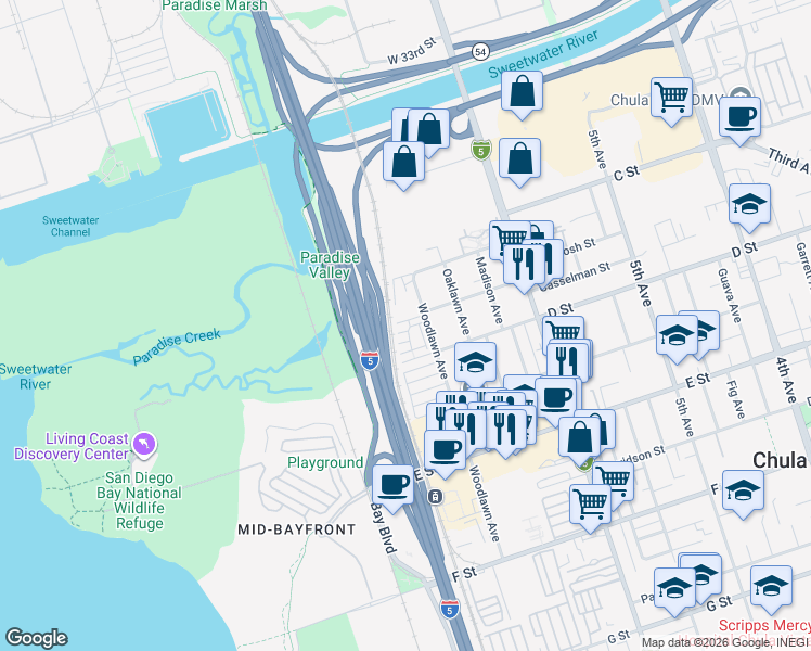 map of restaurants, bars, coffee shops, grocery stores, and more near 758 Seaside Street in Chula Vista