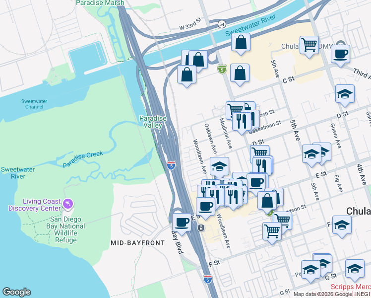 map of restaurants, bars, coffee shops, grocery stores, and more near 758 Seaside Street in Chula Vista