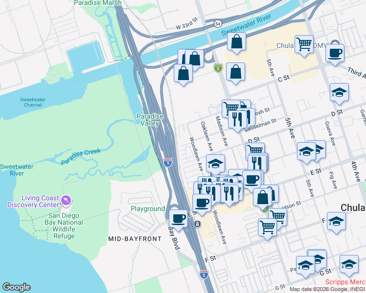 map of restaurants, bars, coffee shops, grocery stores, and more near 758 Seaside Street in Chula Vista