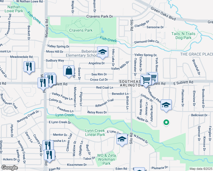map of restaurants, bars, coffee shops, grocery stores, and more near 511 Red Coat Lane in Arlington