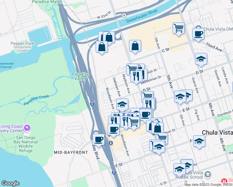 map of restaurants, bars, coffee shops, grocery stores, and more near 87 Oaklawn Avenue in Chula Vista