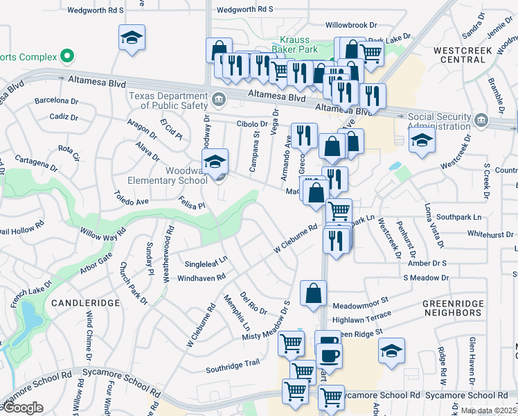 map of restaurants, bars, coffee shops, grocery stores, and more near 3805 Misty Meadow Drive in Fort Worth