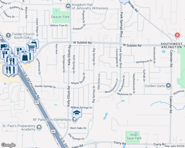 map of restaurants, bars, coffee shops, grocery stores, and more near 6221 Big Springs Drive in Arlington