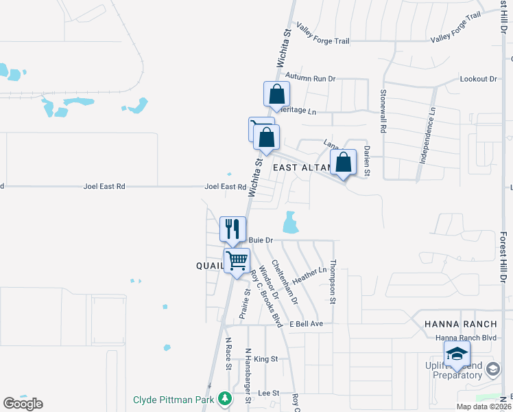 map of restaurants, bars, coffee shops, grocery stores, and more near 7545 Tiffany Meadows Lane in Fort Worth
