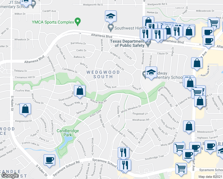 map of restaurants, bars, coffee shops, grocery stores, and more near 4113 Toledo Avenue in Fort Worth