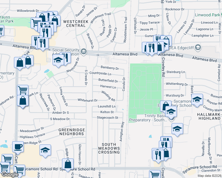 map of restaurants, bars, coffee shops, grocery stores, and more near 2553 Harvest Lane in Fort Worth