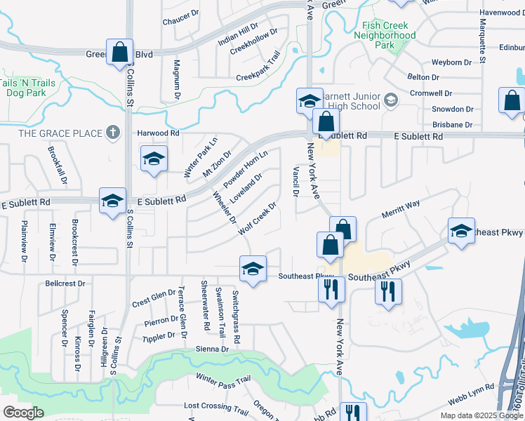 map of restaurants, bars, coffee shops, grocery stores, and more near 1619 Wolf Creek Drive in Arlington