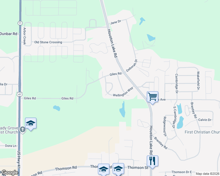 map of restaurants, bars, coffee shops, grocery stores, and more near 108 Squires Court in Warner Robins