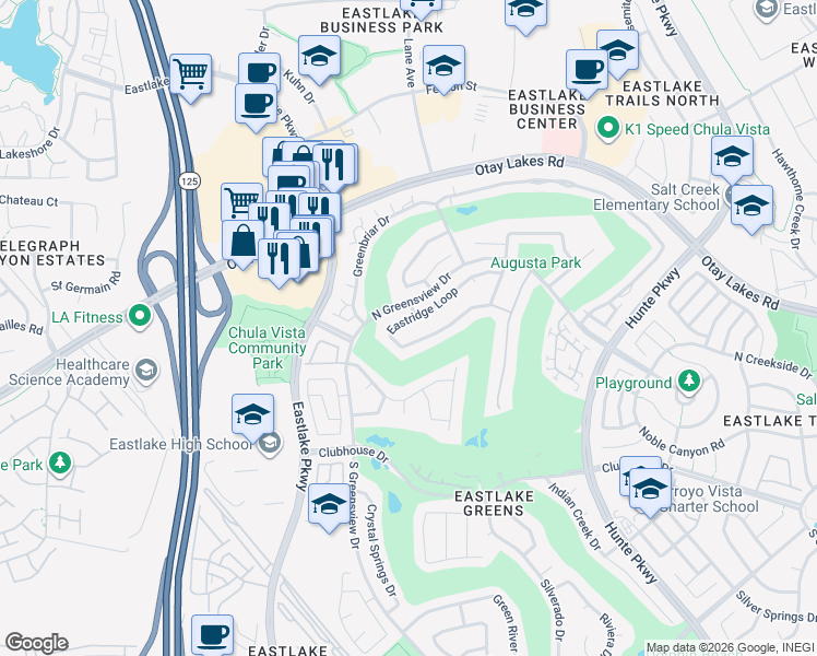 map of restaurants, bars, coffee shops, grocery stores, and more near 2372 Eastridge Loop in Chula Vista