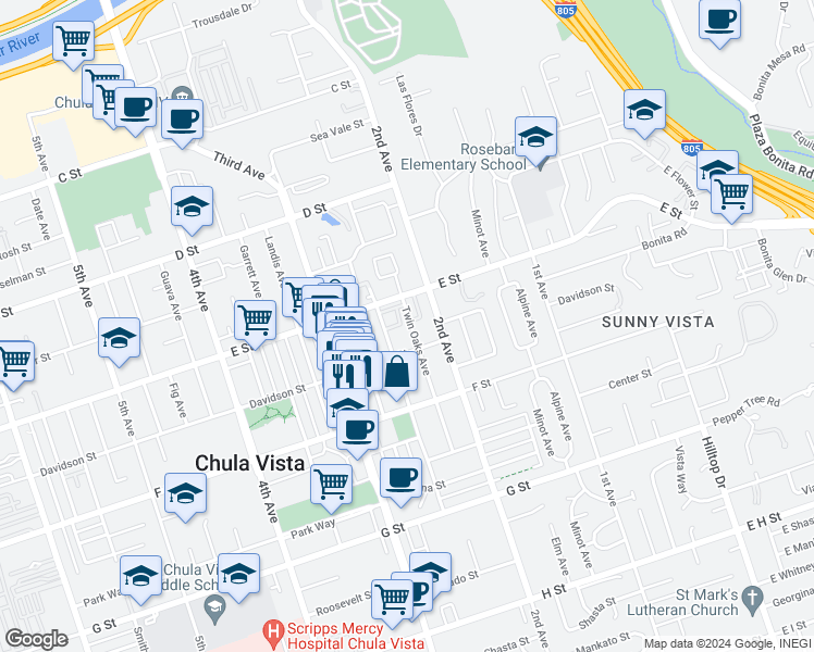 map of restaurants, bars, coffee shops, grocery stores, and more near 230 Twin Oaks Avenue in Chula Vista
