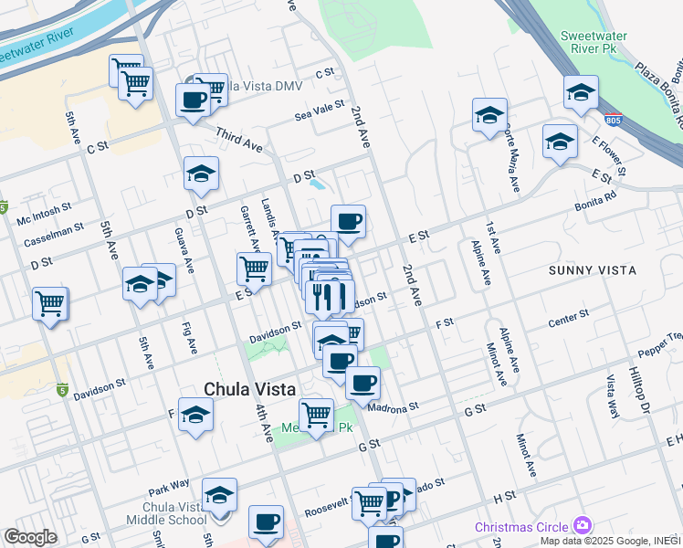 map of restaurants, bars, coffee shops, grocery stores, and more near 216 Del Mar Avenue in Chula Vista