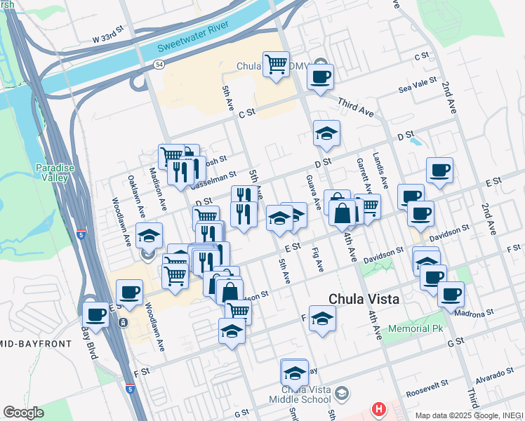 map of restaurants, bars, coffee shops, grocery stores, and more near 497 Flower Street in Chula Vista