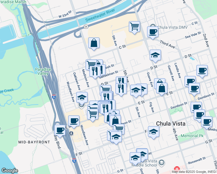 map of restaurants, bars, coffee shops, grocery stores, and more near 566 D Street in Chula Vista