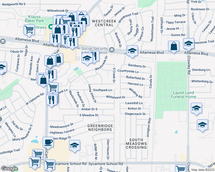 map of restaurants, bars, coffee shops, grocery stores, and more near 6815 South Creek Drive in Fort Worth
