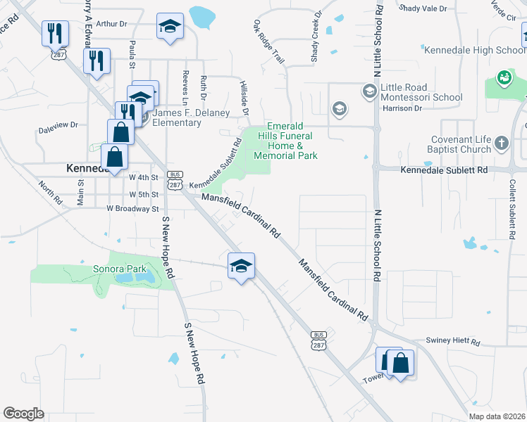 map of restaurants, bars, coffee shops, grocery stores, and more near 449 Mansfield Cardinal Road in Kennedale