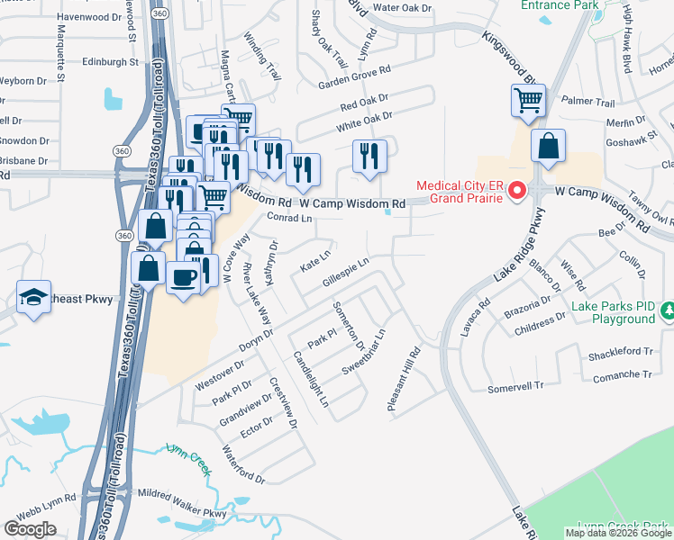 map of restaurants, bars, coffee shops, grocery stores, and more near 2828 Gillespie Lane in Grand Prairie