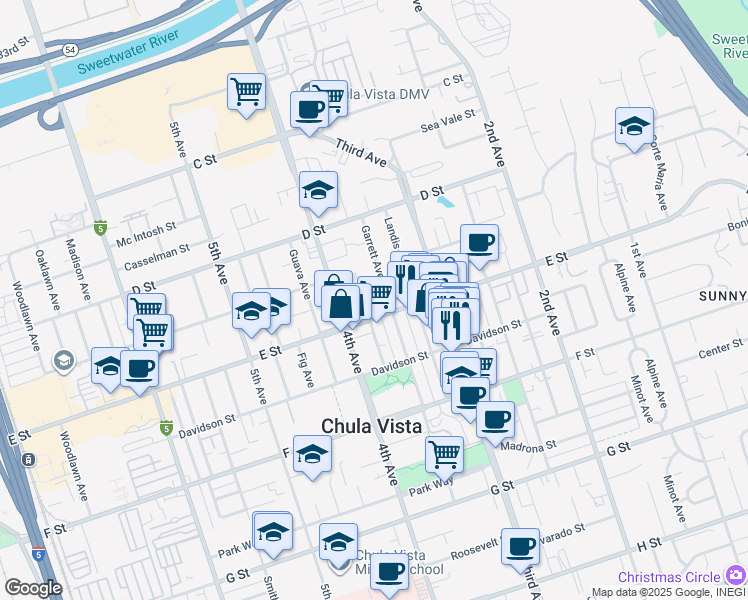 map of restaurants, bars, coffee shops, grocery stores, and more near 185 Glover Avenue in Chula Vista