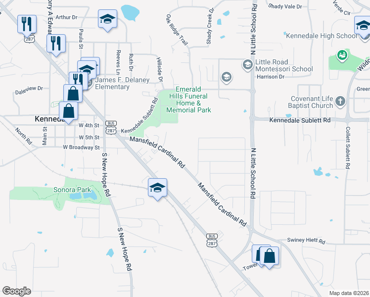 map of restaurants, bars, coffee shops, grocery stores, and more near 449 Mansfield Cardinal Road in Kennedale