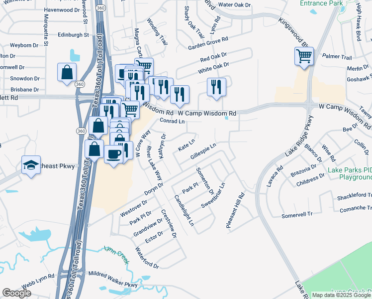 map of restaurants, bars, coffee shops, grocery stores, and more near 2843 Kate Lane in Grand Prairie