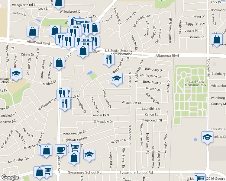 map of restaurants, bars, coffee shops, grocery stores, and more near 6845 South Creek Drive in Fort Worth