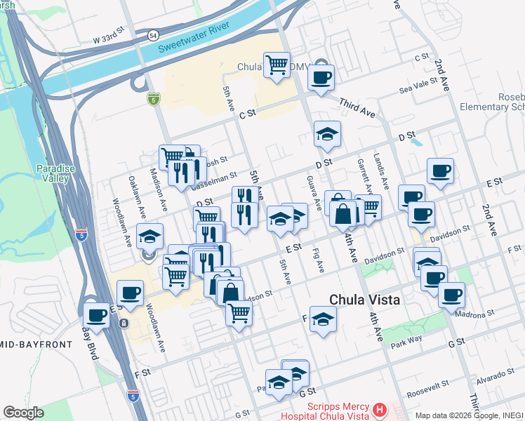 map of restaurants, bars, coffee shops, grocery stores, and more near 497 Flower Street in Chula Vista