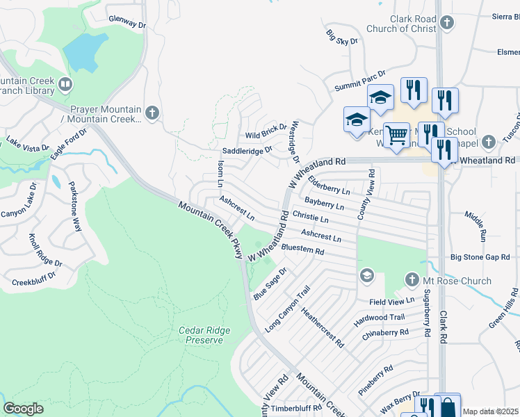 map of restaurants, bars, coffee shops, grocery stores, and more near 7526 Christie Lane in Dallas