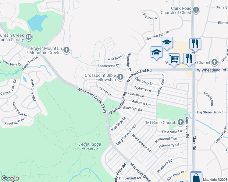 map of restaurants, bars, coffee shops, grocery stores, and more near 7526 Christie Lane in Dallas