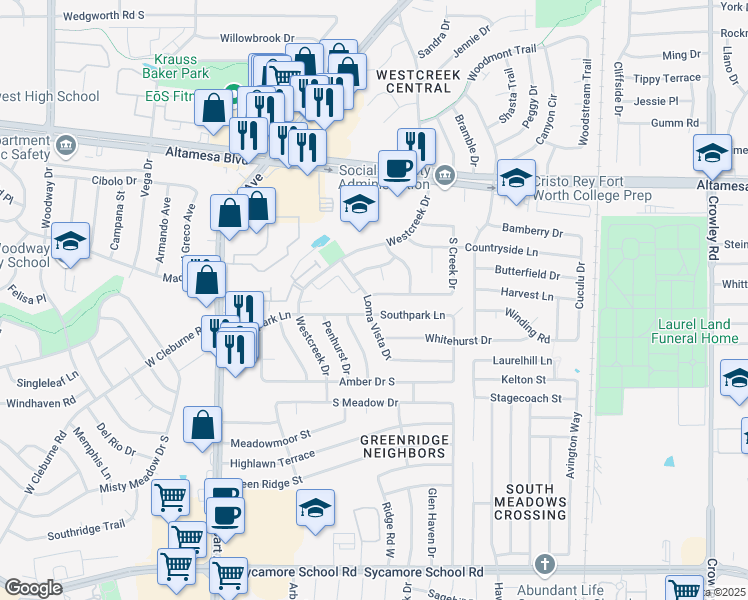 map of restaurants, bars, coffee shops, grocery stores, and more near 6867 South Creek Drive in Fort Worth