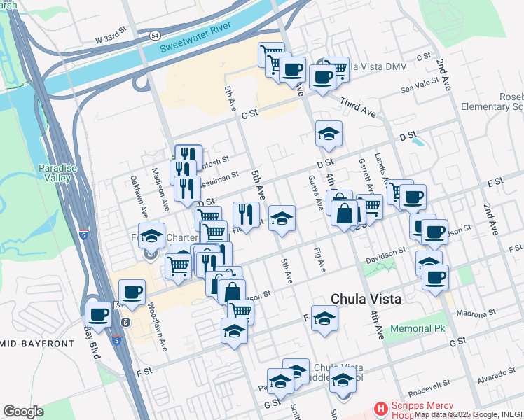 map of restaurants, bars, coffee shops, grocery stores, and more near 134 5th Avenue in Chula Vista
