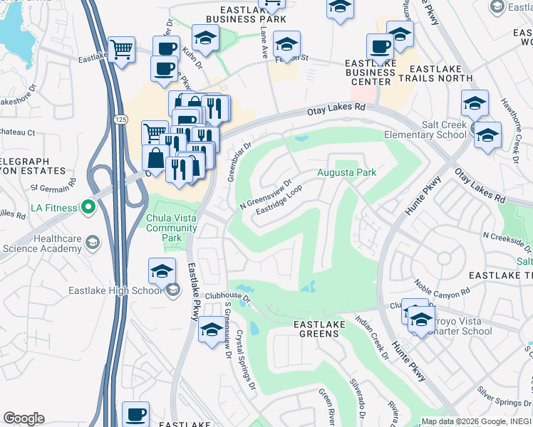 map of restaurants, bars, coffee shops, grocery stores, and more near 2372 Eastridge Loop in Chula Vista