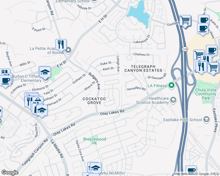 map of restaurants, bars, coffee shops, grocery stores, and more near 1925 Otay Lakes Road in Chula Vista