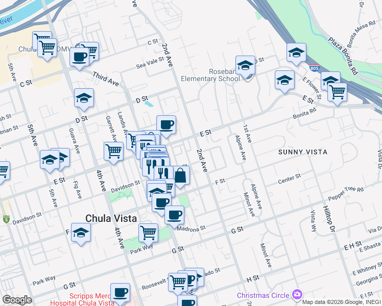 map of restaurants, bars, coffee shops, grocery stores, and more near 230 Twin Oaks Avenue in Chula Vista