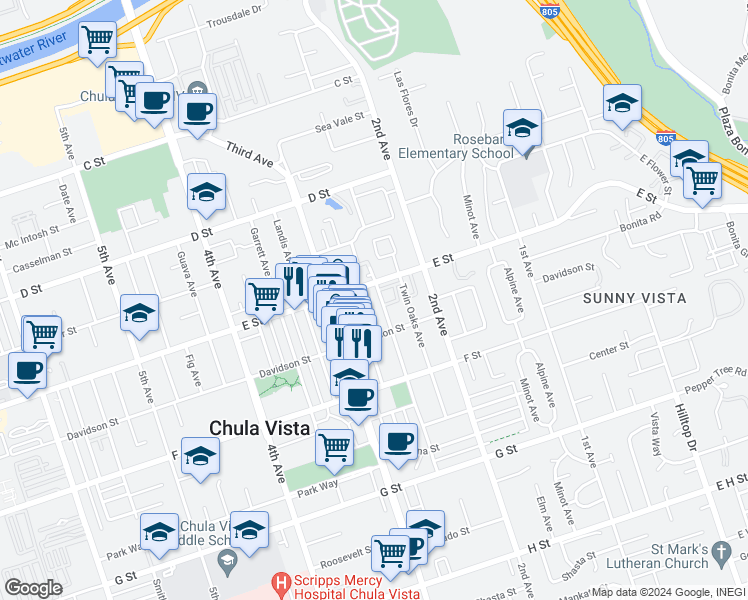 map of restaurants, bars, coffee shops, grocery stores, and more near 216 Del Mar Avenue in Chula Vista