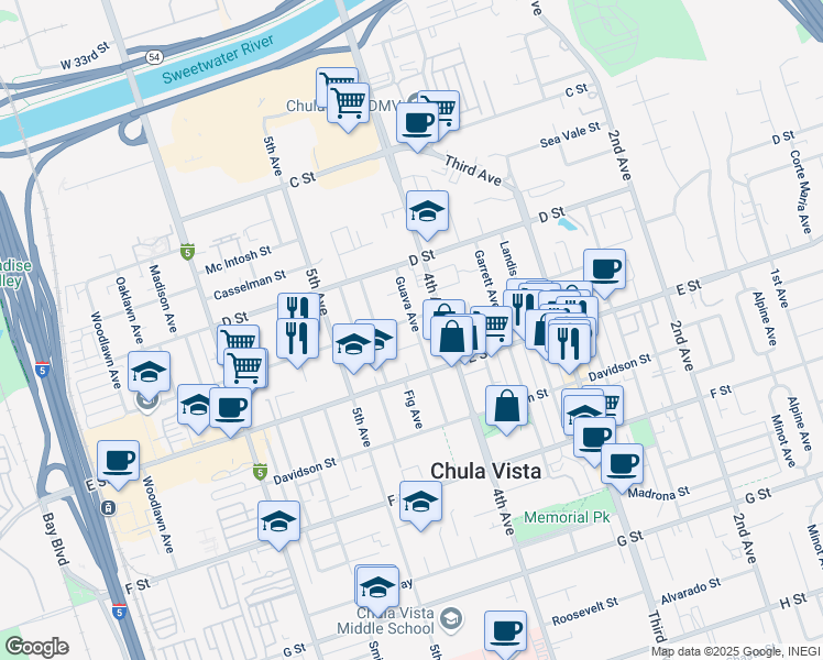 map of restaurants, bars, coffee shops, grocery stores, and more near 164 Guava Avenue in Chula Vista