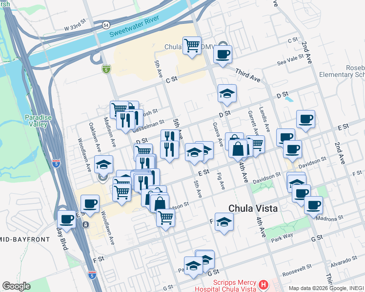 map of restaurants, bars, coffee shops, grocery stores, and more near 497 Flower Street in Chula Vista