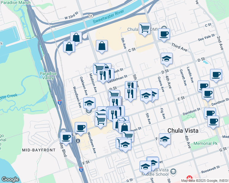map of restaurants, bars, coffee shops, grocery stores, and more near 101 Broadway in Chula Vista