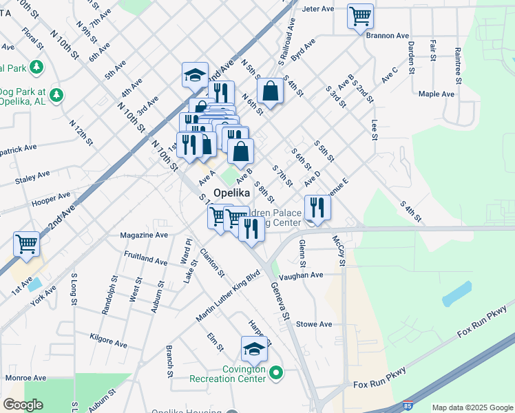 map of restaurants, bars, coffee shops, grocery stores, and more near 405 Geneva Street in Opelika